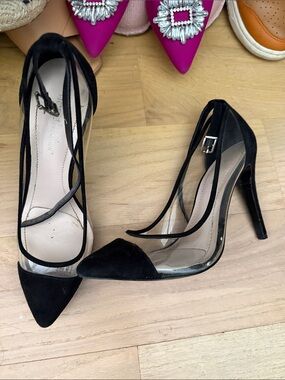 BCBGeneration Black Pointed-Toe Clear Panel Ankle-Strap Heels